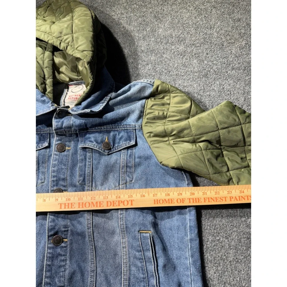 Refinery Republic Mens Denim Jacket Quilted Hooded Sleeves Blue Olive Green M